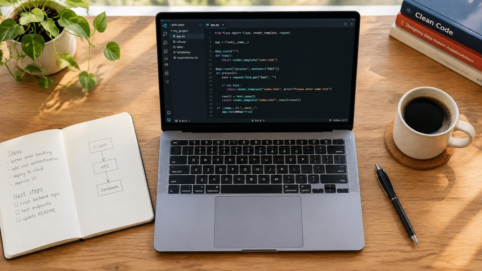 Laptop showing a code editor on a wooden desk with a notebook and coffee cup